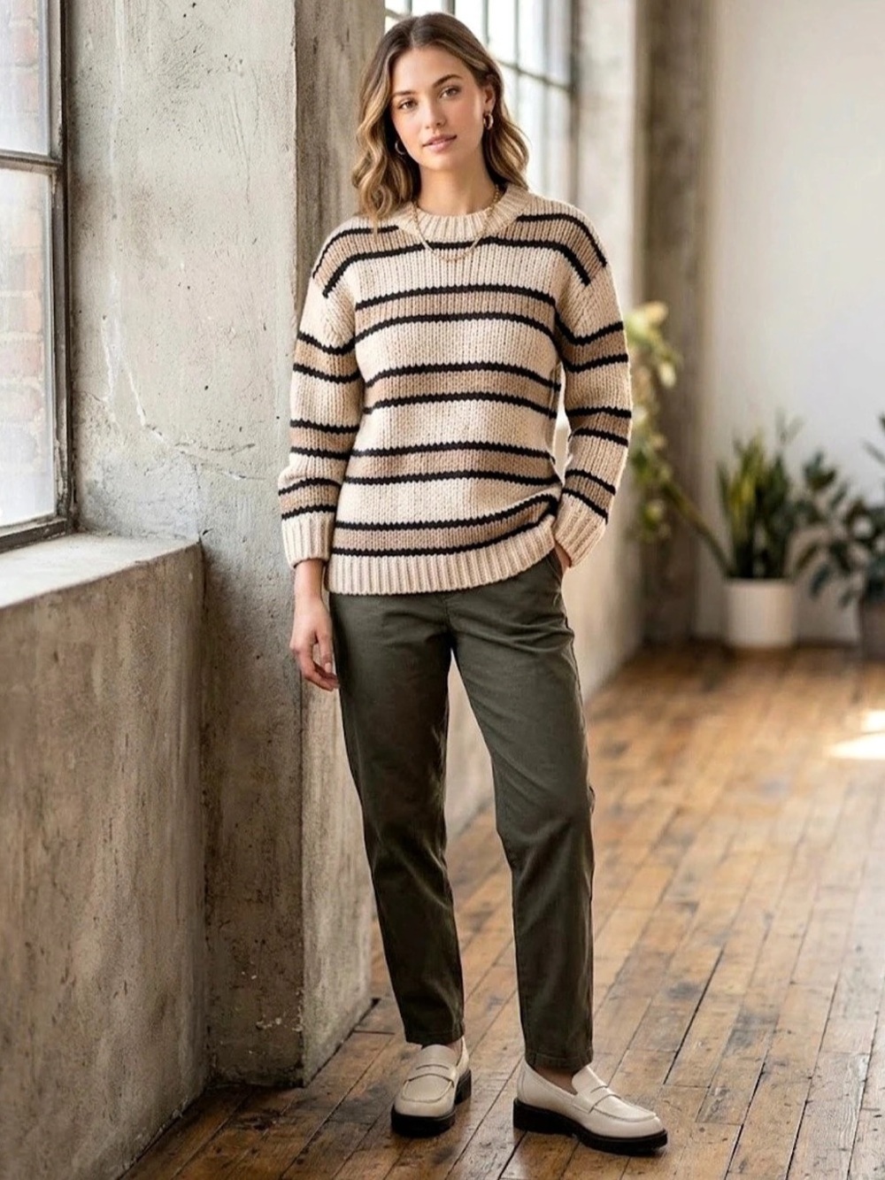 Kaffe Striped Sweater in Beige & Black Size Medium